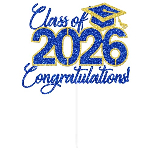Class of 2026 Graduation Cake Topper - Blue & Gold Glitter Decor