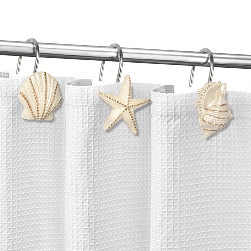 Ocean Theme Shower Curtain Hooks - Pearlescent Seashells & Starfish (12 Pack) by Sunlit
