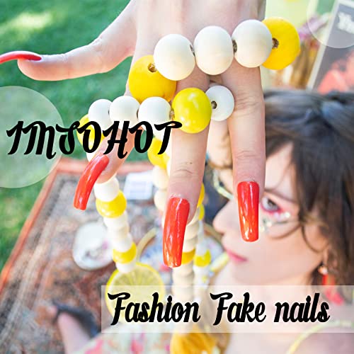 IMSOHOT Medium Almond Press on Nails Red Orange Flower Glossy Acrylic Fake Nails