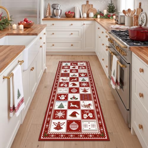 Christmas Runner Rug 2'6"x8' - Red White Patchwork Holiday Decor