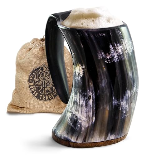 Viking Horn Mug - Light 16 oz, Authentic Ox Horn Drinking Vessel with Rustic Sack