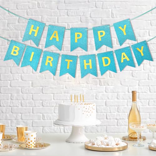 Light Blue Glitter Happy Birthday Banner Silver Sign for Party Decor