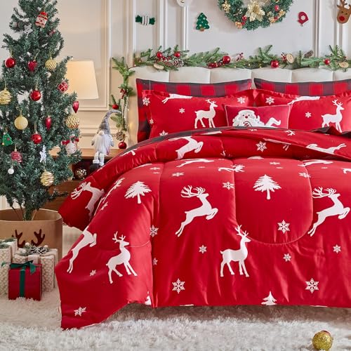 Christmas Bed in a Bag 6 Pieces Twin Set Deer Red Snowflake Holiday Bedding - Deer Red / Twin-6 Pieces
