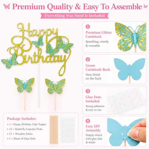Happy Birthday Cake Toppers Set - 13 Pcs Butterfly & Glitter