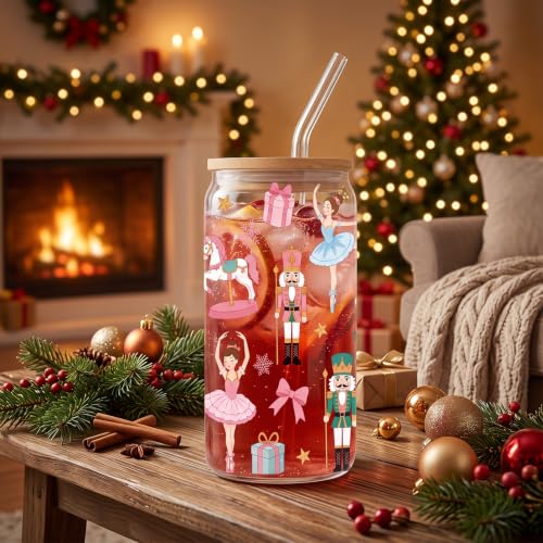 Nutcracker Christmas Glass Cup with Lid and Straw - Holiday Gift - Variation of Nutcracker 367