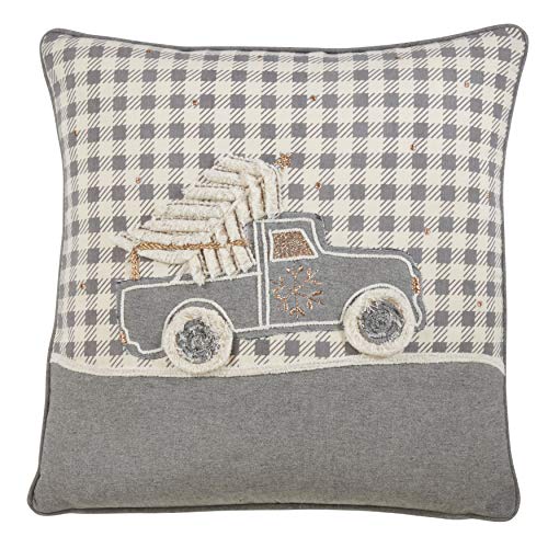 18x18 Holiday Plaid Christmas Truck Pillow with Down Filling - Grey