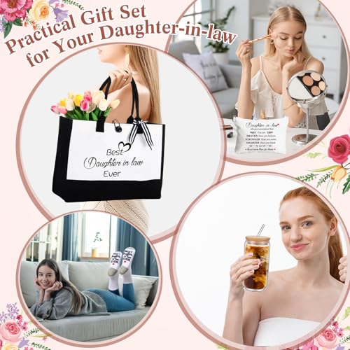 Daughter-in-Law Gift Set with Glass Mug Tote Bag Makeup Bag Keychain Socks - Thank You & Best Daughter-in-Law Ever