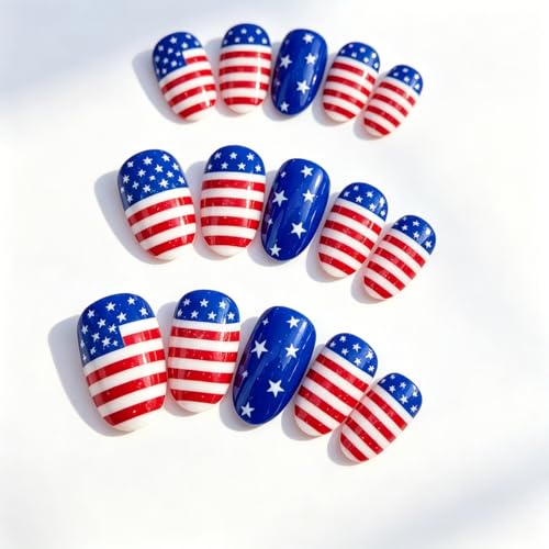 4th of July Short Almond Press on Nails Star Stripe Fake Nails