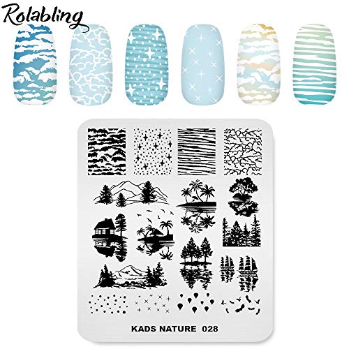 Rolabling Nature Scenery Nail Stamping Plate - Mountain Lake Palm Tree Art
