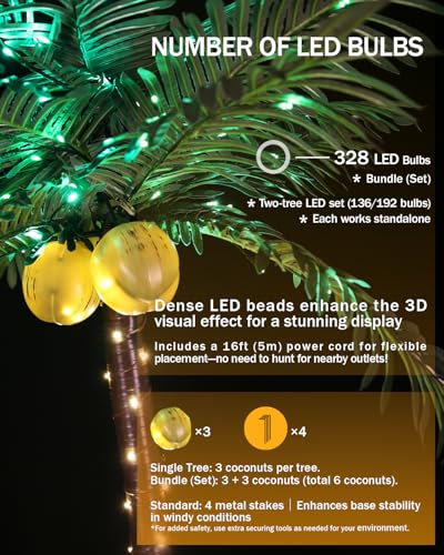 7ft LED Palm Tree with 192 Bright LEDs - Reinforced Outdoor Version