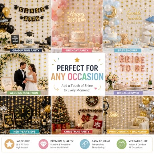 Gold Star Garland - 66 FT Double-Sided Paper Banner with 165 Stars