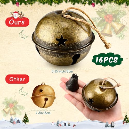 Brass Christmas Jingle Bells - 16 Large Holiday Bell Ornaments