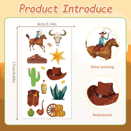 Rodeo Cowboy Temporary Tattoos Waterproof Party Favors 8 Sheets