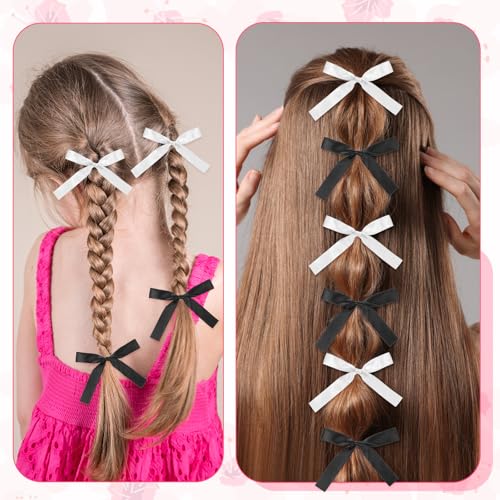 Silky Satin Hair Bow Ties 12-Pack Black White Ribbon Scrunchies