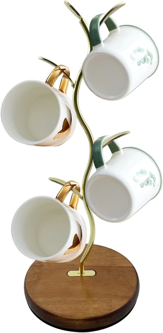 Mi hogar Mug Holder Stand, Countertop Mug Tree, Coffee Pod Holder with Mug Rack, Coffee Counter Bar Accessory & Kitchen Organizer (Single Row-Golden)