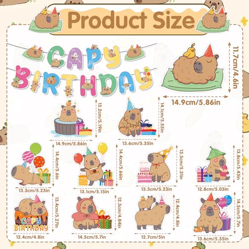 Capybara Birthday Party Decorations - 12PCS Hanging Banners & Swirls