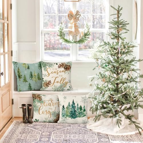 Winter Pine Tree Throw Pillow Covers - 18x18 Inch Set of 4