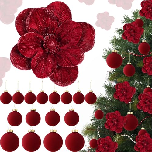 Burgundy Velvet Christmas Tree Decorations Set with Poinsettias & Ornaments