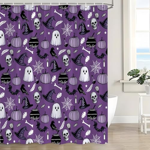 Purple Halloween Shower Curtain 70" x 70" with Ghosts & Skulls