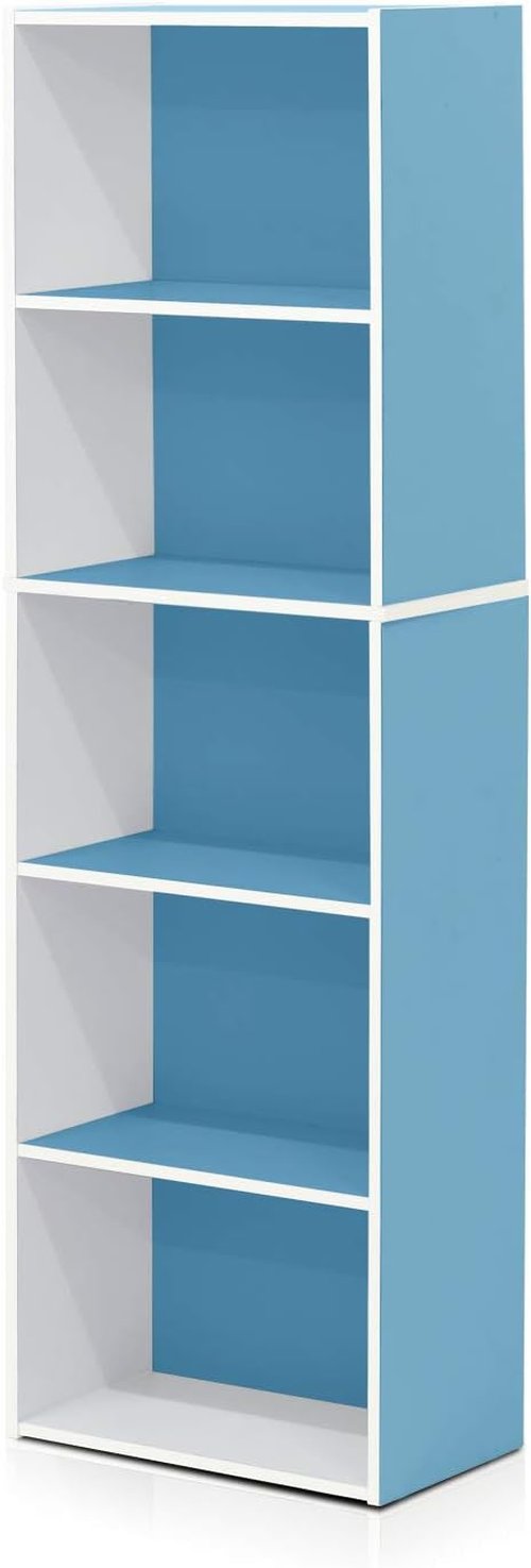Furinno LUDER 5-Tier Bookshelf - Open Shelves for Easy Assembly | White & Light Blue, 9.4 x 15.8 x 52 Inches