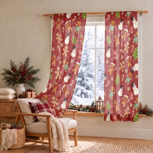 Red Sheer Holiday Curtains 52x63 Inches - Pack of 2 with Gingerbread & Snowman