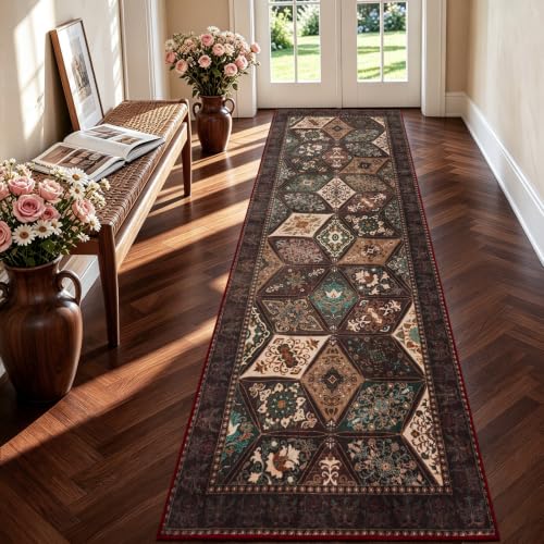 Vintage Kitchen Runner 2.7x8 ft Distressed Patchwork Rug Brown Burgundy Variation