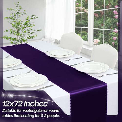 Purple Satin Table Runners 12x72 Inch - 2 Pack with Scalloped Edge