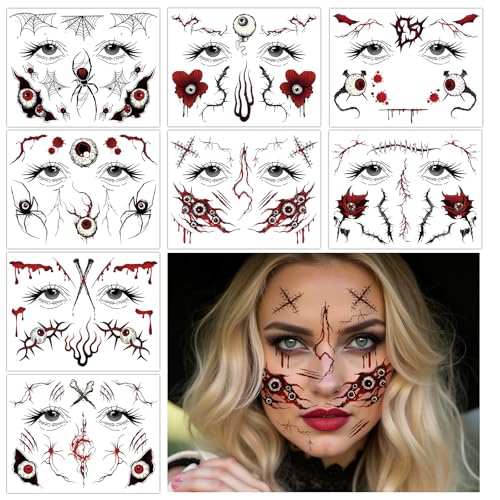 Konsait Halloween Face Tattoos, 8 Sheets Spider Web Fake Makeup Decals
