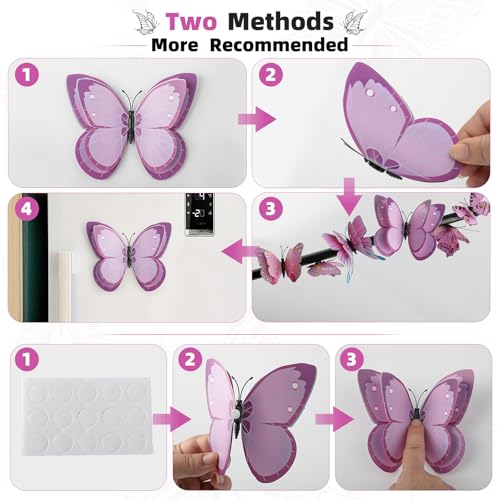 24 PCS 3D Butterfly Wall Stickers with Magnets - Pink Decor