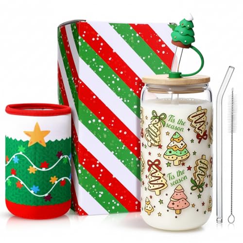 Christmas Glass Cup with Lid & Straw - 16oz Novelty Xmas Drinkware with Sleeve & Gift Box