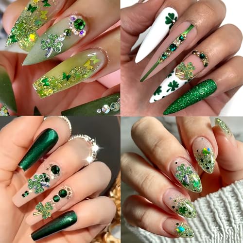 Shamrock Nail Charms 20Pcs St. Patrick's Day Rhinestones for Acrylic Nails