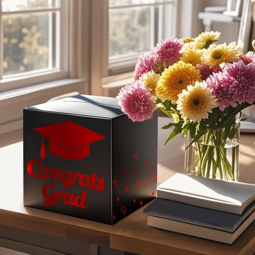 Partico Graduation Card Box Holder - 8.5 Inch Decorative Gift Box, Black-Red