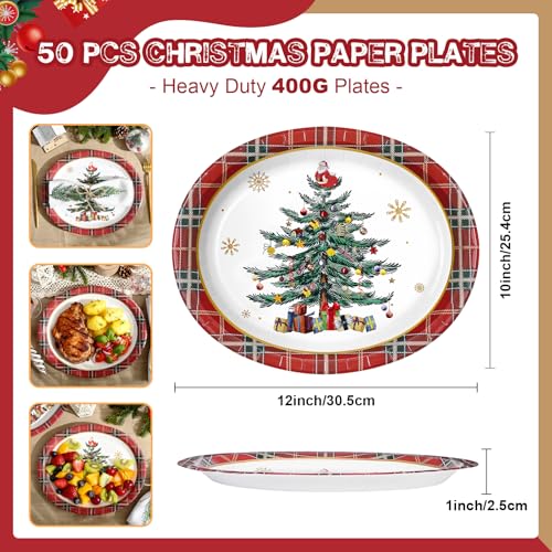 Christmas Oval Paper Plates 12 x 10 Inches Disposable Holiday Tableware Set of 50