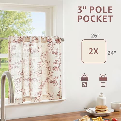 jinchan Floral Linen Kitchen Tier Curtains - 24 Inch, 2 Panels