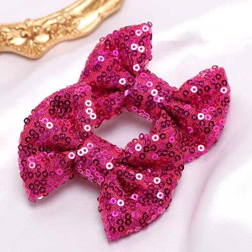 KISZU 3 Inch Glitter Hair Bows Clips Sparkling Sequin Hairpins Rose Red