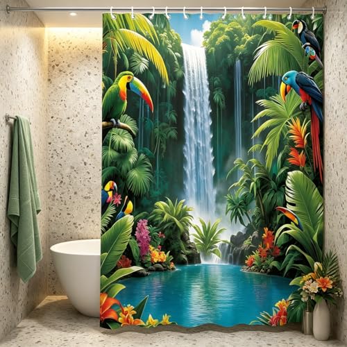 DLRIUAZEP Tropical Jungle Shower Curtain Set 72x72 Inches with Waterfall Parrots & Palm Trees - Variation 305