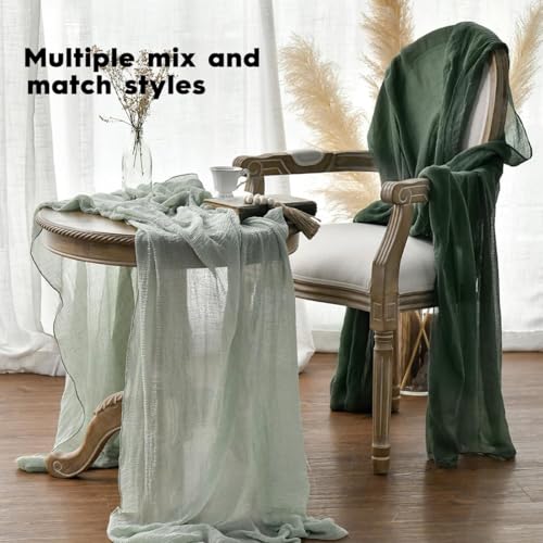 120 Inch Forest Green Boho Cheesecloth Gauze Wedding Table Runner - Seasonal Home Decor