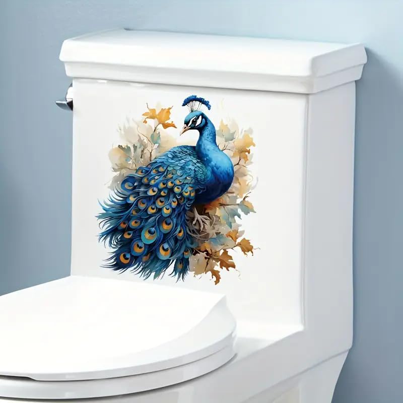 Peacock Blue Floral Toilet Seat Decal - Self-Adhesive Bathroom Sticker
