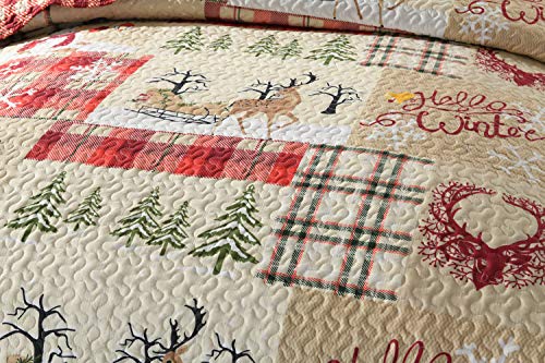 King Christmas Reindeer Plaid Quilt Set - Red Patchwork Bedding