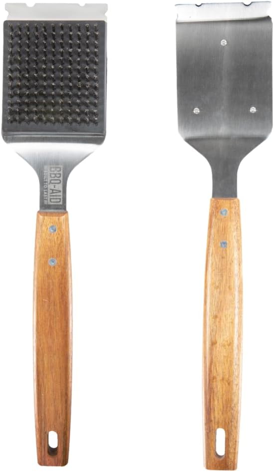 BBQ-Aid Grill Brush - Heavy-Duty Barbecue Scraper with Extended Wooden Handle & Replaceable Stainless Steel Bristles