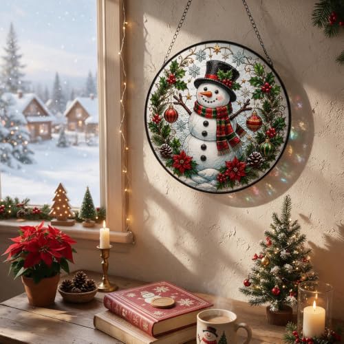 Christmas Snowman Stained Glass Suncatcher for Window Hanging - White Snowman - 7.9 Inch