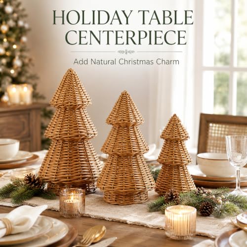 MiniInflat 3-Piece Woven Rattan Christmas Tree Decor Set Classic Weave Burlywood
