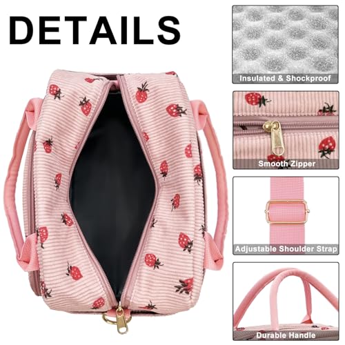 Beurlike Strawberry Pink Insulated Lunch Bag - Corduroy Tote for Work & Picnic