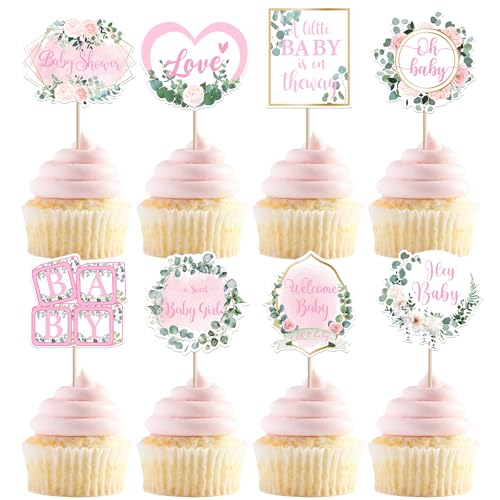 40 Pack Hey Little Girl Baby Shower Cupcake Toppers, Pink Theme Picks