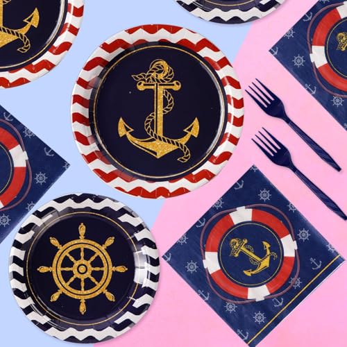 Nautical Anchor Party Supplies Kit - Plates Napkins Forks for Seafaring Celebration