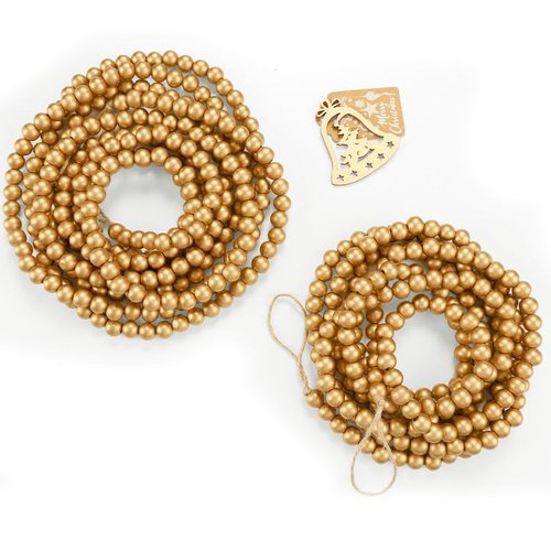 2 Pack Christmas Wood Bead Garland, Gold Round Bead Garland Christmas Tree Decoration Farmhouse Wall Hanging Ornaments, 9 Feet & 12 Feet