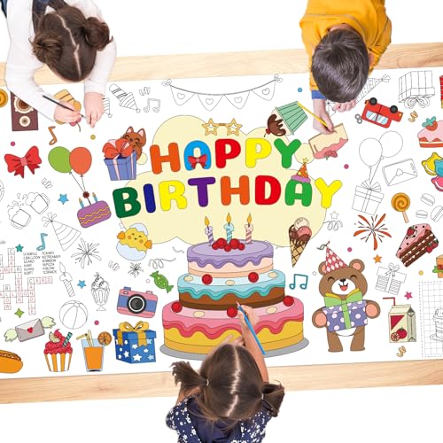 QISOLIY Happy Birthday Coloring Tablecloth, 31 x 71 Inch Giant Paper Poster for Kids Party