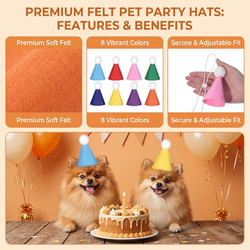 8 Pack Mini Party Hats for Small Pets - Felt Birthday Cone Hats