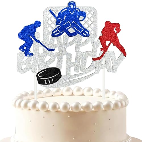 Hockey Themed Happy Birthday Cake Topper - Silver Glitter Decoration