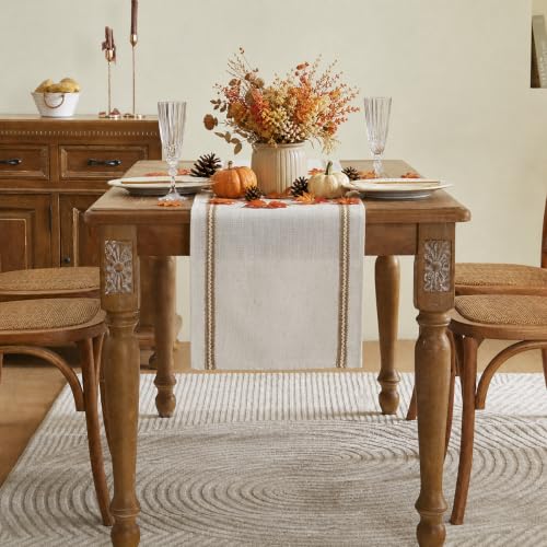 Jute Table Runner 108 Inch Farmhouse Linen with Natural Jute Lace - Off White
